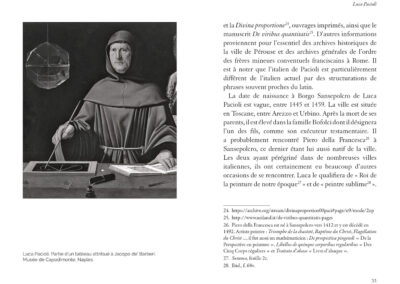 Double page 32-33 du livre « Quand Fernand rencontre Luca ». Portrait de Luca Pacioli attribué à Jacopo de' Barbari.
