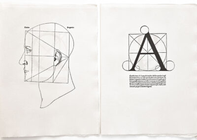Divina proportione de Luca Pacioli, édition Jardin de Flore. Profil d’homme et alphabet.