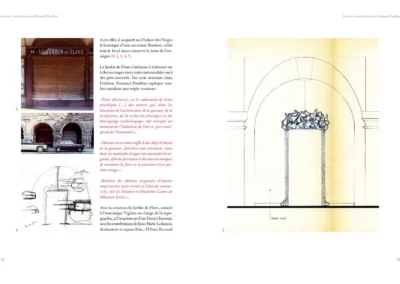 Dessin et vues de la galerie du Jardin de Flore, 24 place des Vosges, Paris. "Le livre, l'autre dessein de Fernand Pouillon." éd. Transversales.