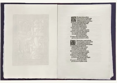 Antiquarie Prospetiche Romane, incunable, éditions Jardin de Flore 1979. Poème dédicatoire à Léonard de Vinci.